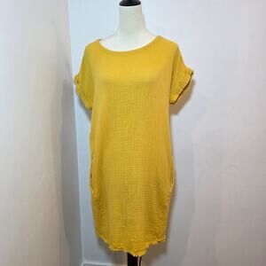 Eileen Fisher Yellow Organic Crinkle Cotton Gauze Dress Size XS